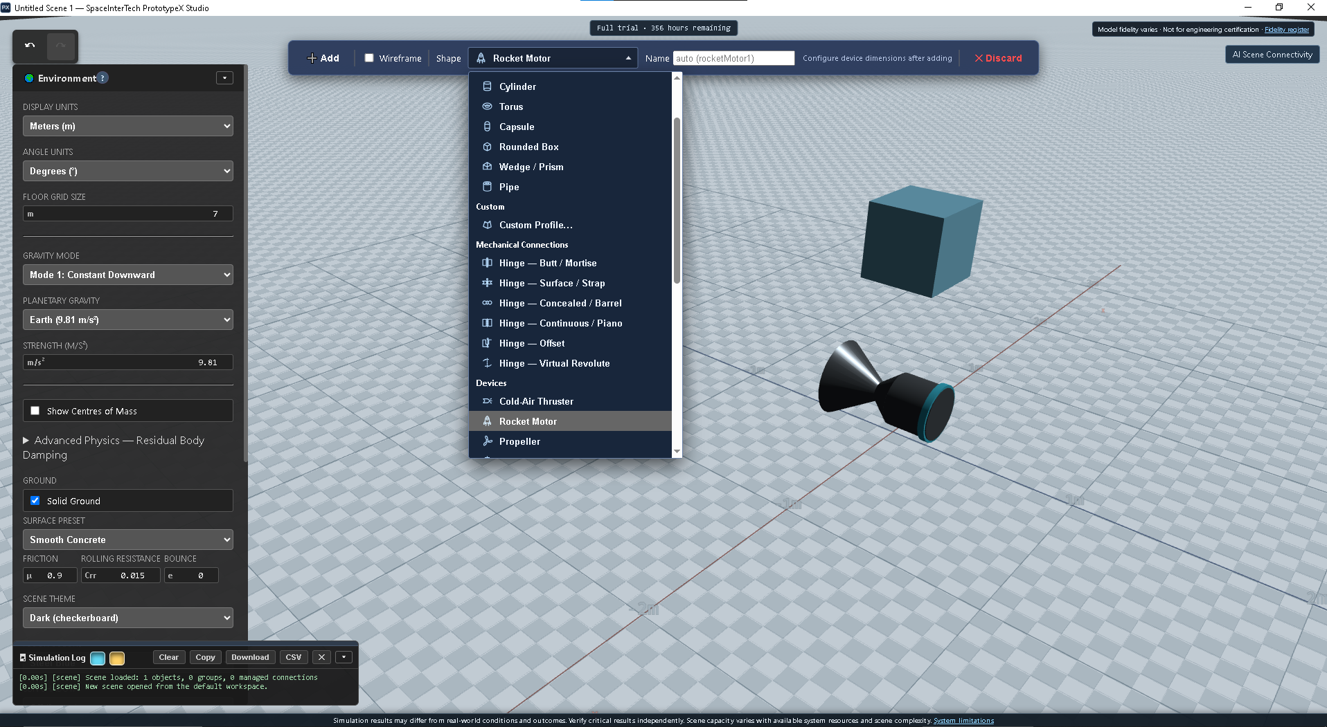Model editor showing the device menu and a rocket motor in the scene