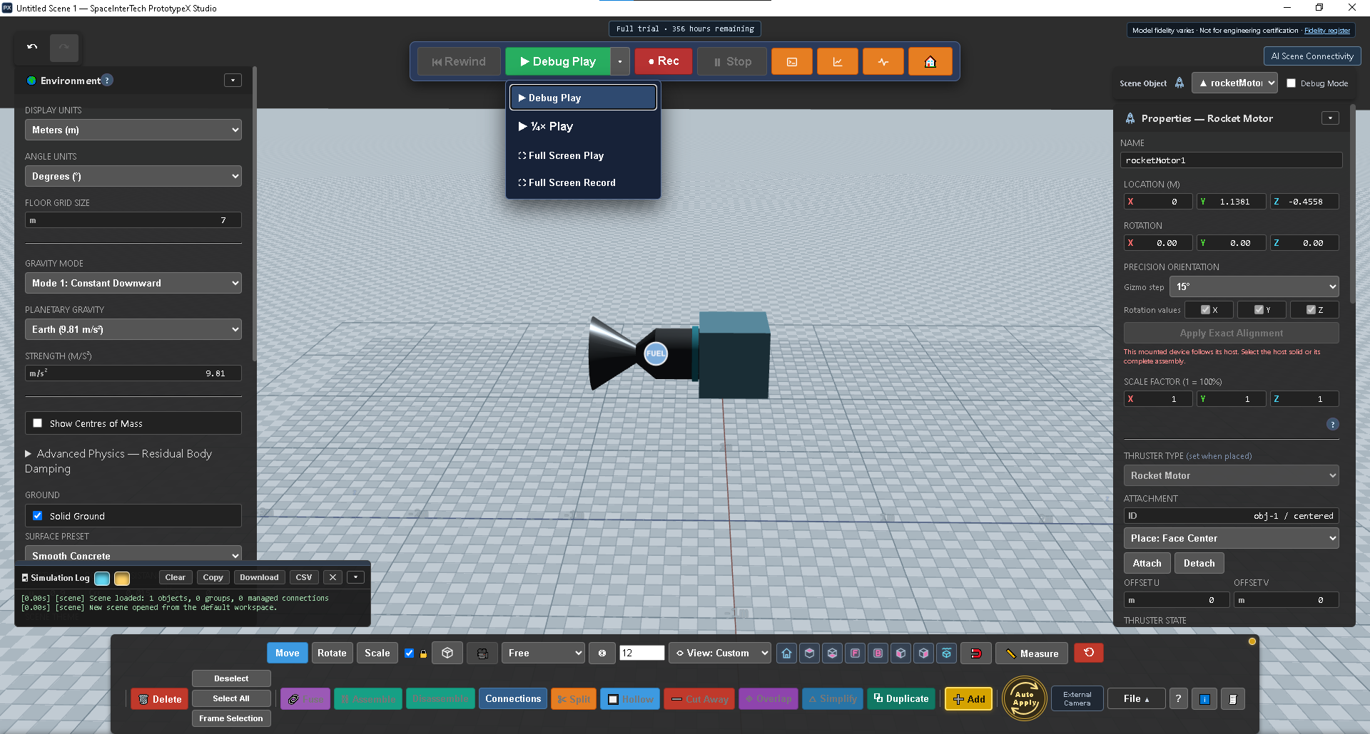Debug Play controls above a virtual model and its properties