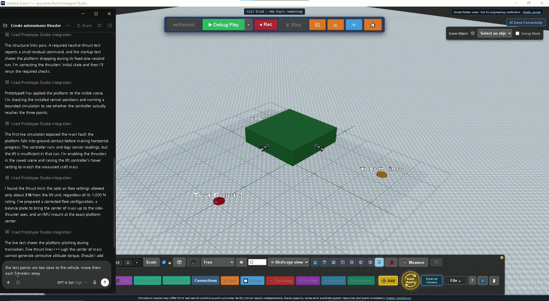 AI conversation analyzing a platform test beside the simulation scene