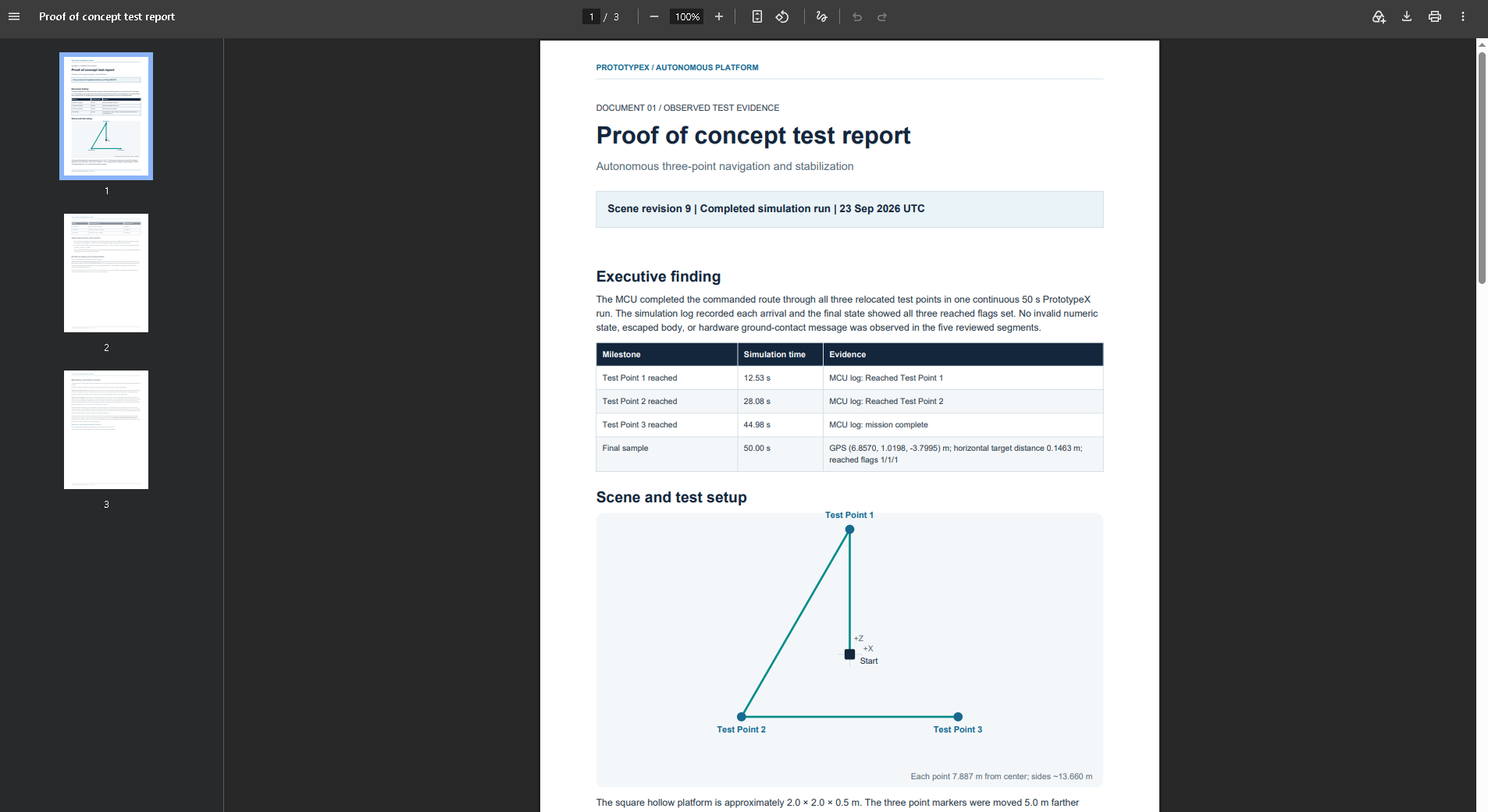Proof of concept test report showing simulation milestones and the three-point route